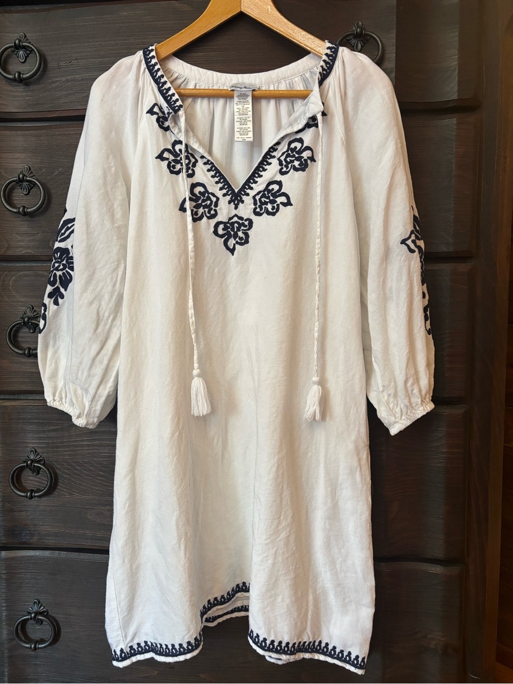 Tommy Bahama St. Lucia Linen Blend Embroidered Dress, Size Medium, Blue & White